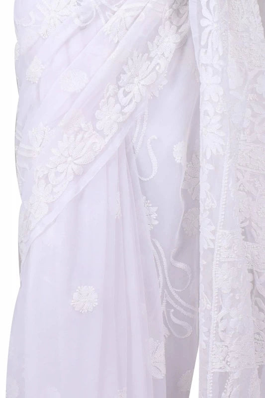 Ada Hand Embroidered White Georgette Lucknowi Chikankari Saree With Blouse A610279