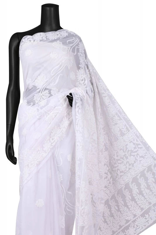 Ada Hand Embroidered White Georgette Lucknowi Chikankari Saree With Blouse A610279