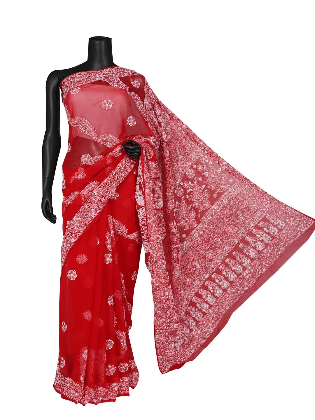 Ada Hand Embroidered Red Georgette Lucknowi Chikankari Saree with Blouse 01A163982