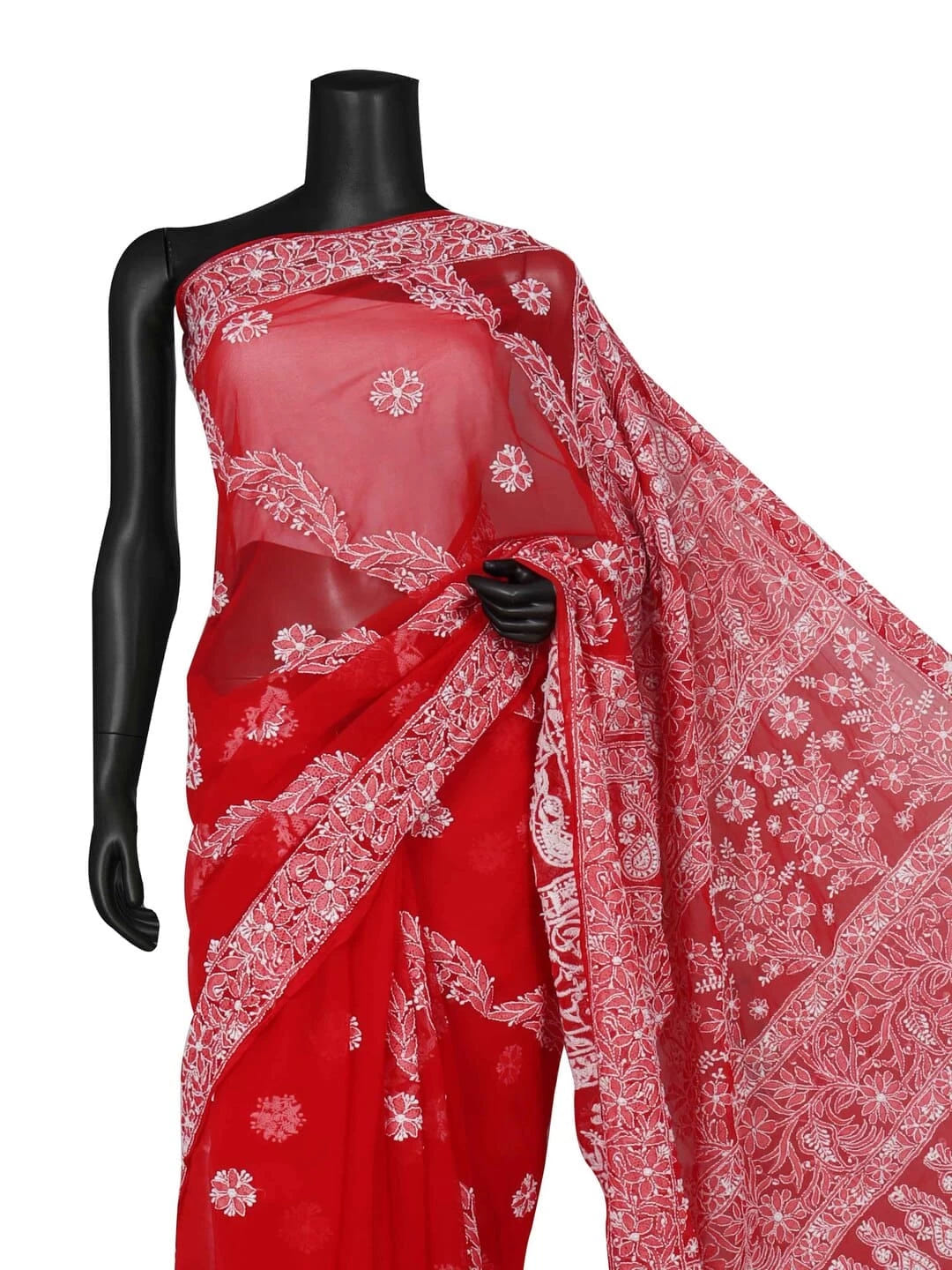 Ada Hand Embroidered Red Georgette Lucknowi Chikankari Saree with Blouse 01A163982