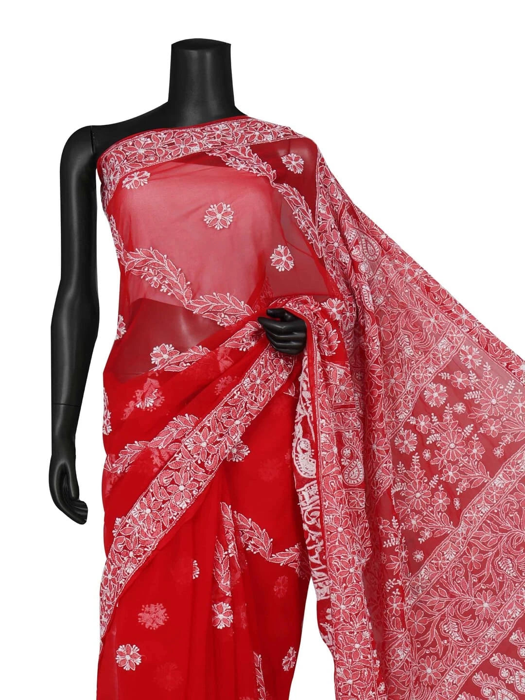 Ada Hand Embroidered Red Georgette Lucknowi Chikankari Saree with Blouse 01A163982