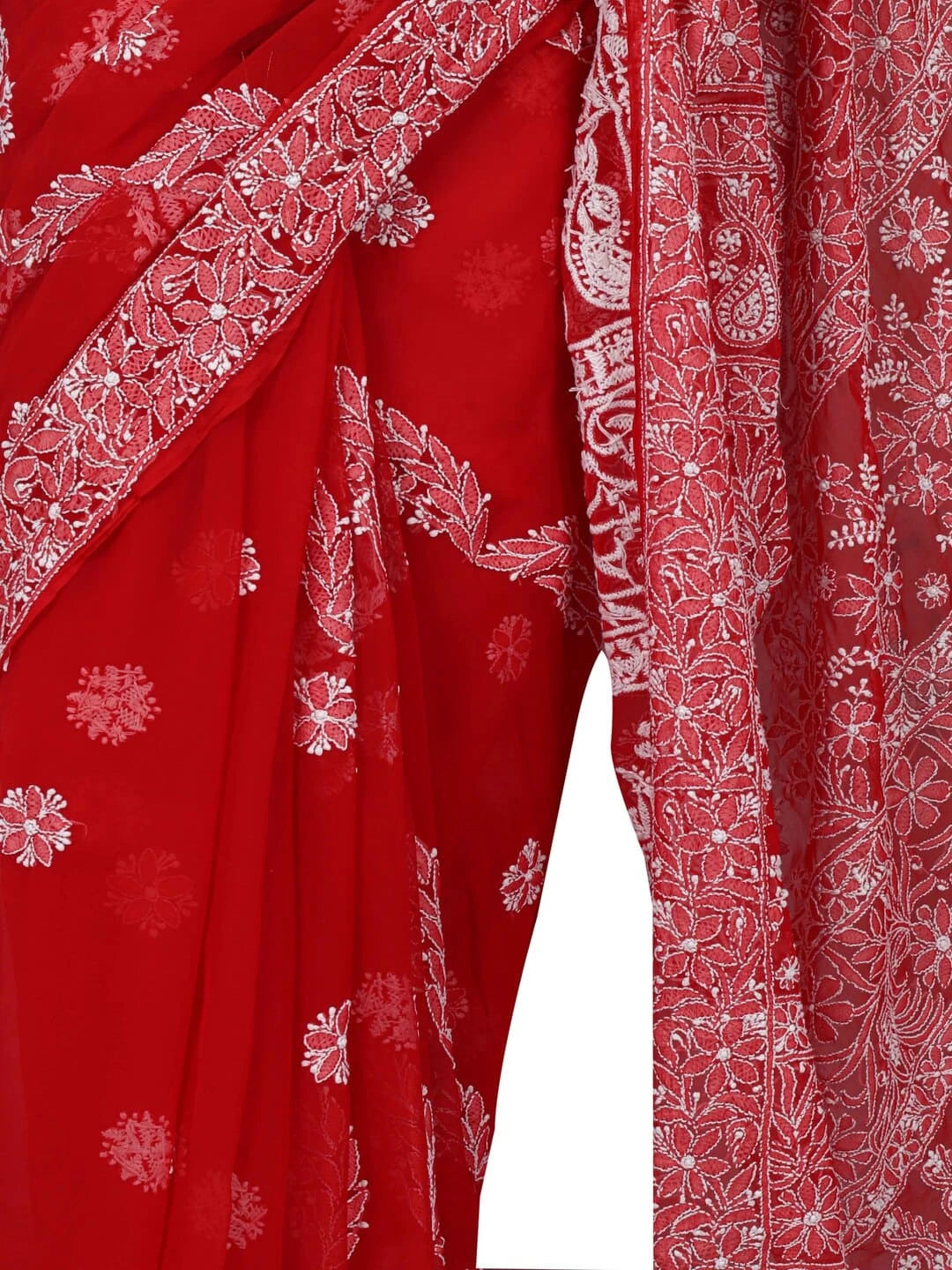 Ada Hand Embroidered Red Georgette Lucknowi Chikankari Saree with Blouse 01A163982