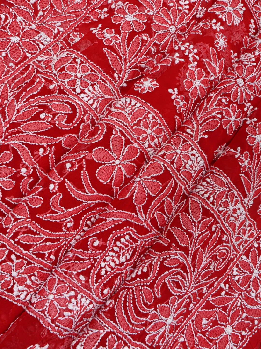 Ada Hand Embroidered Red Georgette Lucknowi Chikankari Saree with Blouse 01A163982