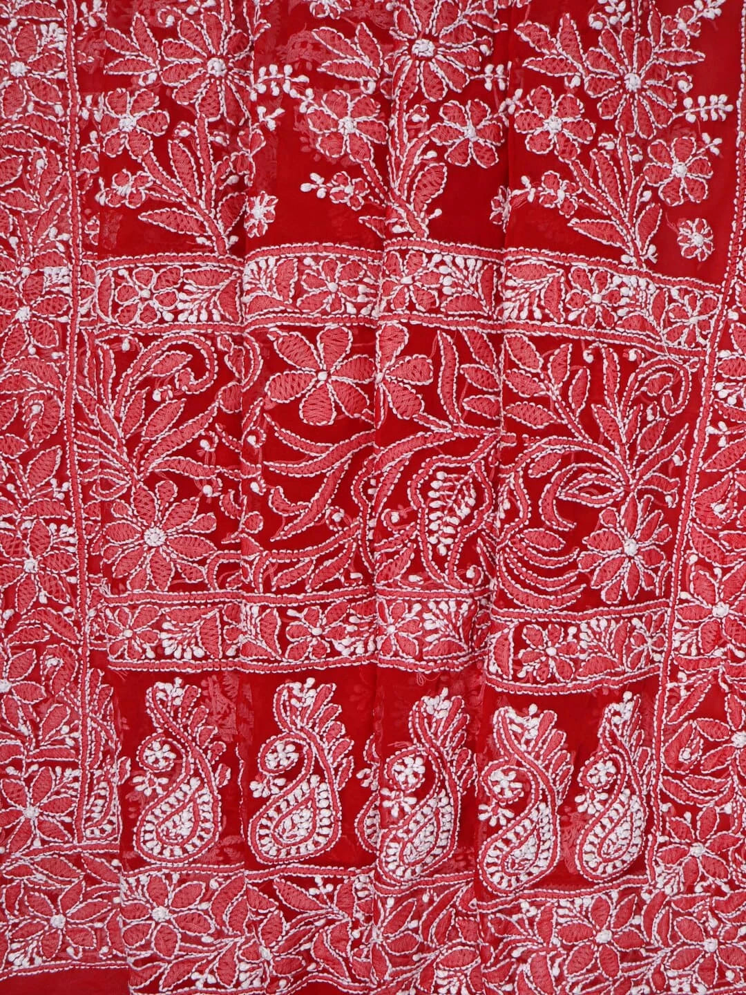 Ada Hand Embroidered Red Georgette Lucknowi Chikankari Saree with Blouse 01A163982
