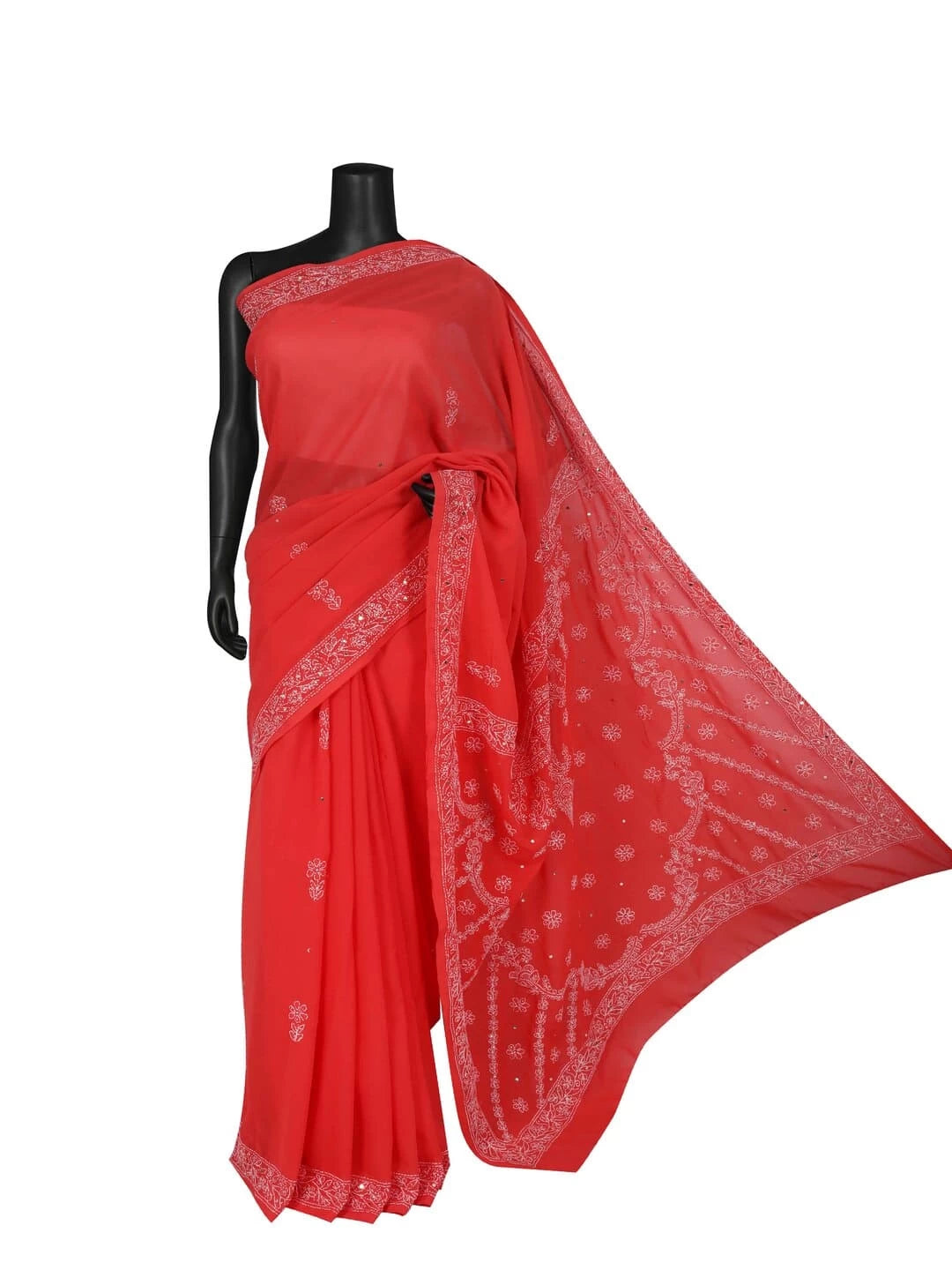 Ada Hand Embroidered Carrot Pink Georgette Lucknowi Chikankari Saree/Blouse With Muqaish Work 01A145235