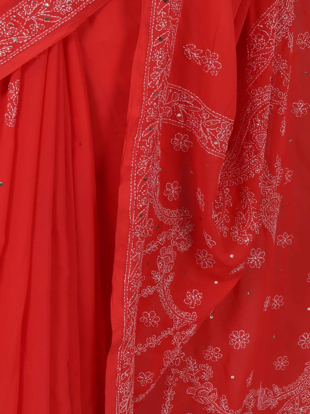 Ada Hand Embroidered Carrot Pink Georgette Lucknowi Chikankari Saree/Blouse With Muqaish Work 01A145235