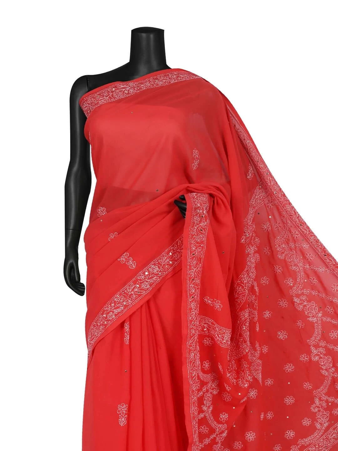 Ada Hand Embroidered Carrot Pink Georgette Lucknowi Chikankari Saree/Blouse With Muqaish Work 01A145235