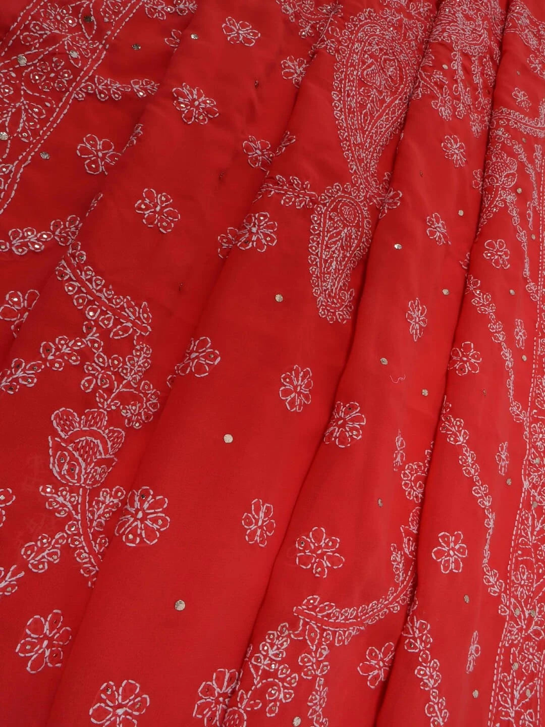 Ada Hand Embroidered Carrot Pink Georgette Lucknowi Chikankari Saree/Blouse With Muqaish Work 01A145235