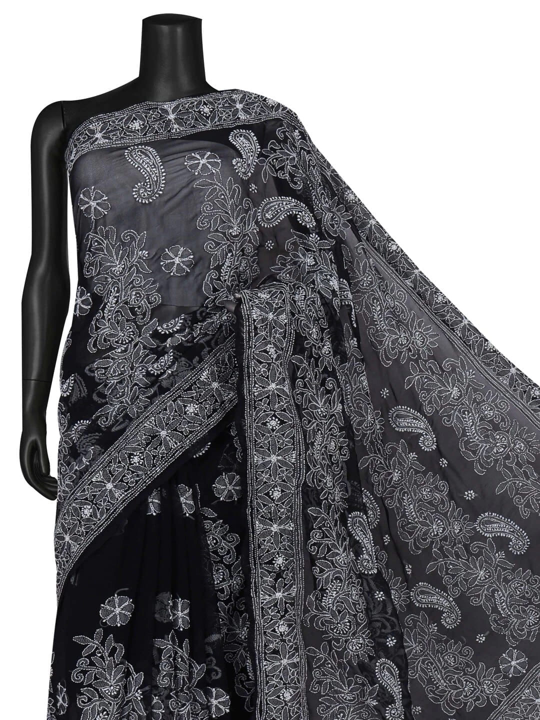 Ada Hand Embroidered Black Georgette Lucknowi Chikankari Saree With Blouse 01A116185