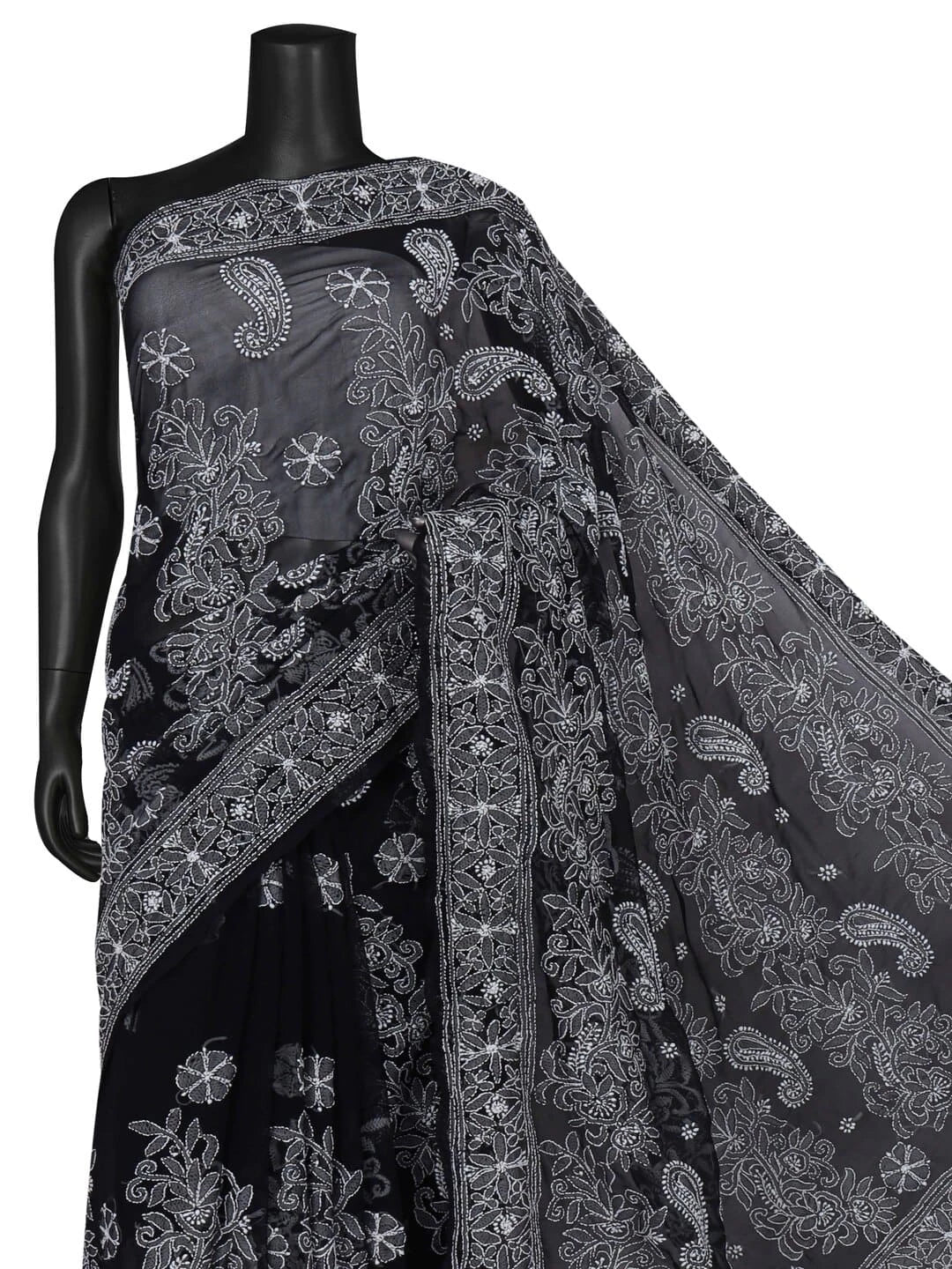 Ada Hand Embroidered Black Georgette Lucknowi Chikankari Saree With Blouse 01A116185