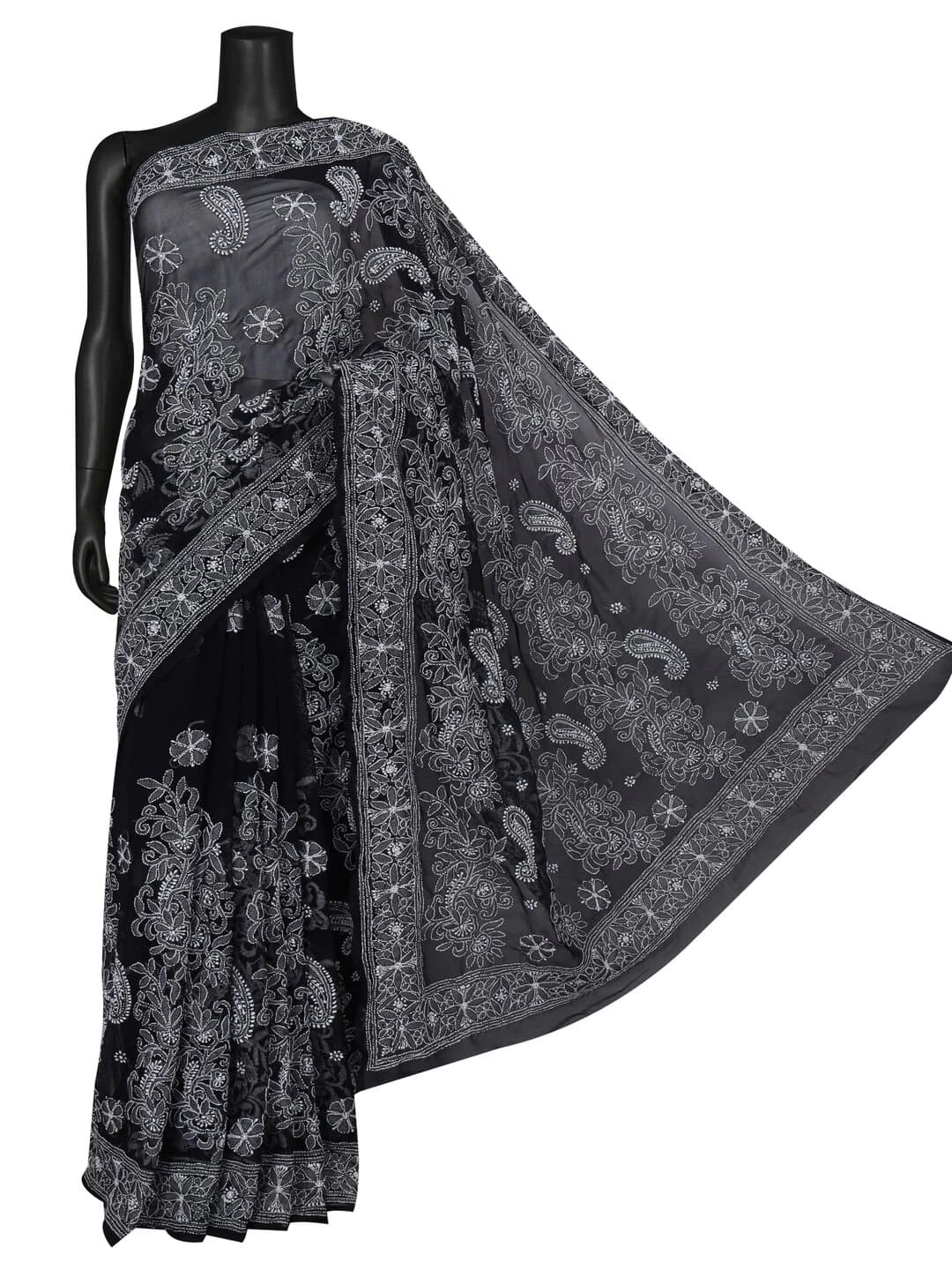 Ada Hand Embroidered Black Georgette Lucknowi Chikankari Saree With Blouse 01A116185