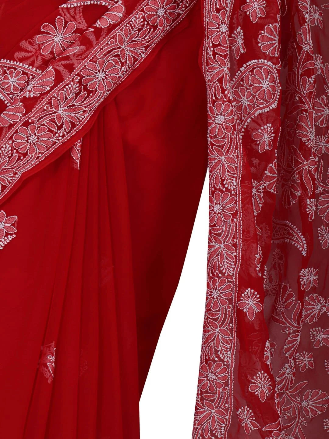 Ada Hand Embroidered Red Georgette Lucknowi Chikankari Saree With Blouse 01A67406