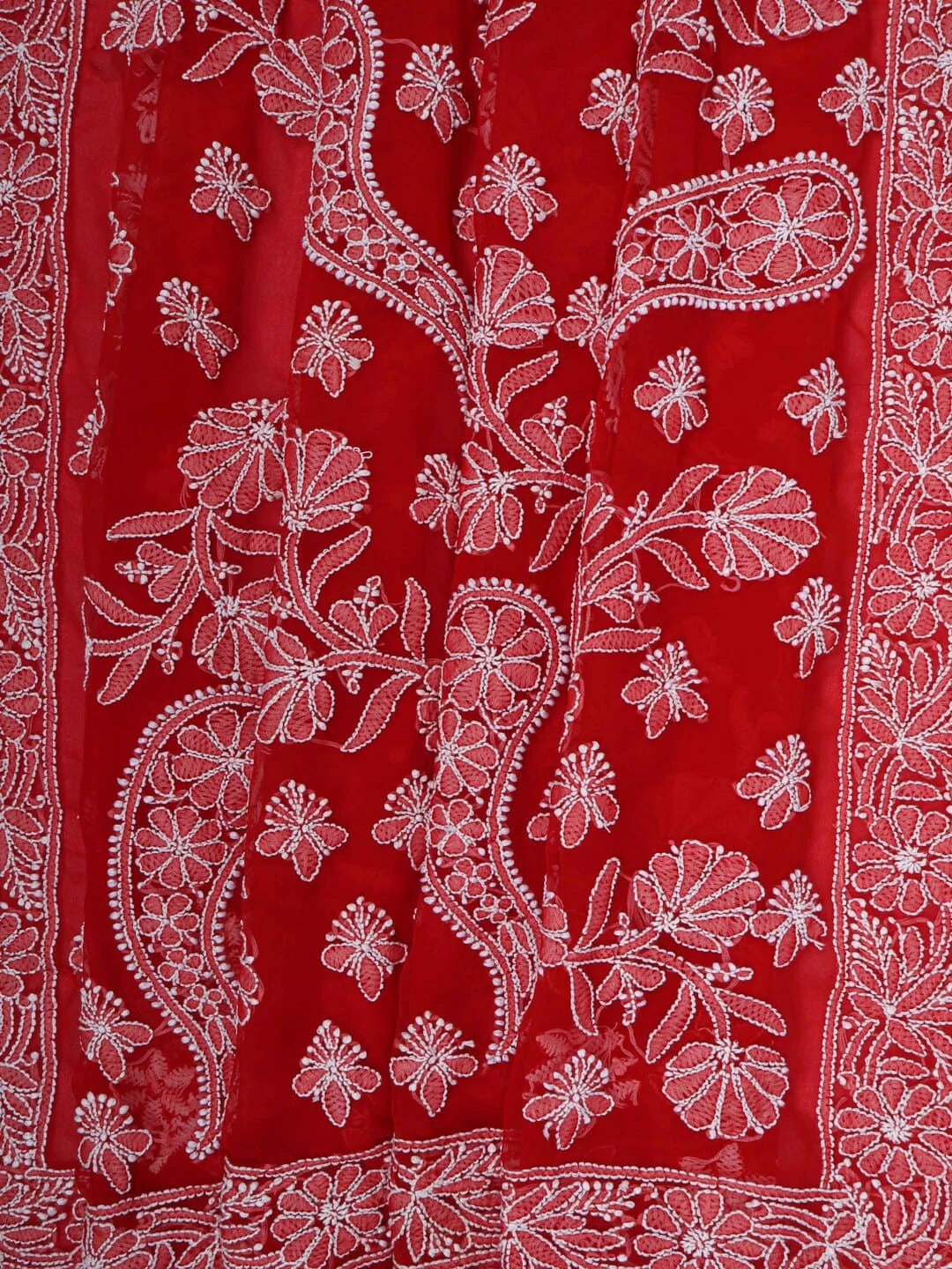Ada Hand Embroidered Red Georgette Lucknowi Chikankari Saree With Blouse 01A67406