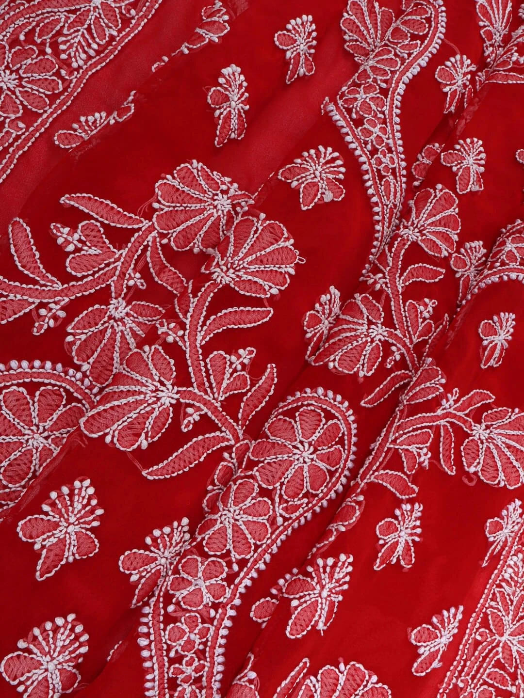 Ada Hand Embroidered Red Georgette Lucknowi Chikankari Saree With Blouse 01A67406