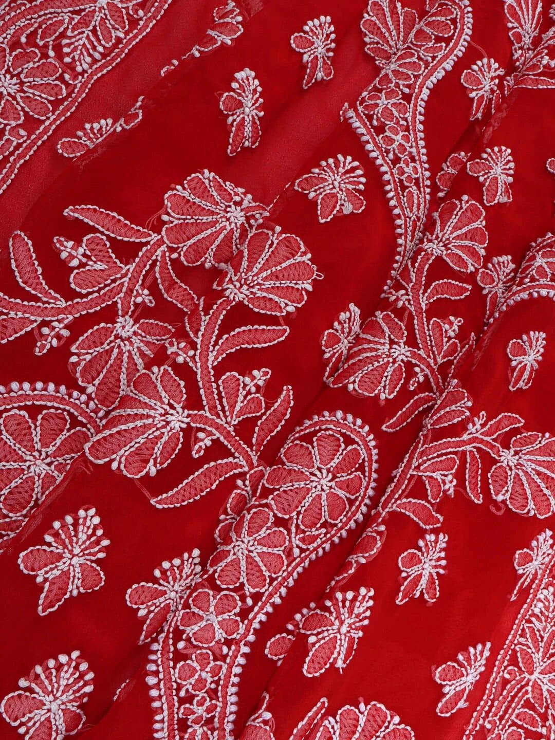 Ada Hand Embroidered Red Georgette Lucknowi Chikankari Saree With Blouse 01A67406