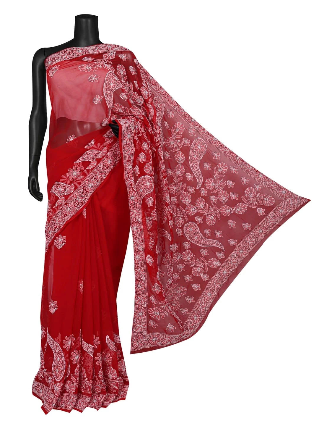 Ada Hand Embroidered Red Georgette Lucknowi Chikankari Saree With Blouse 01A67406