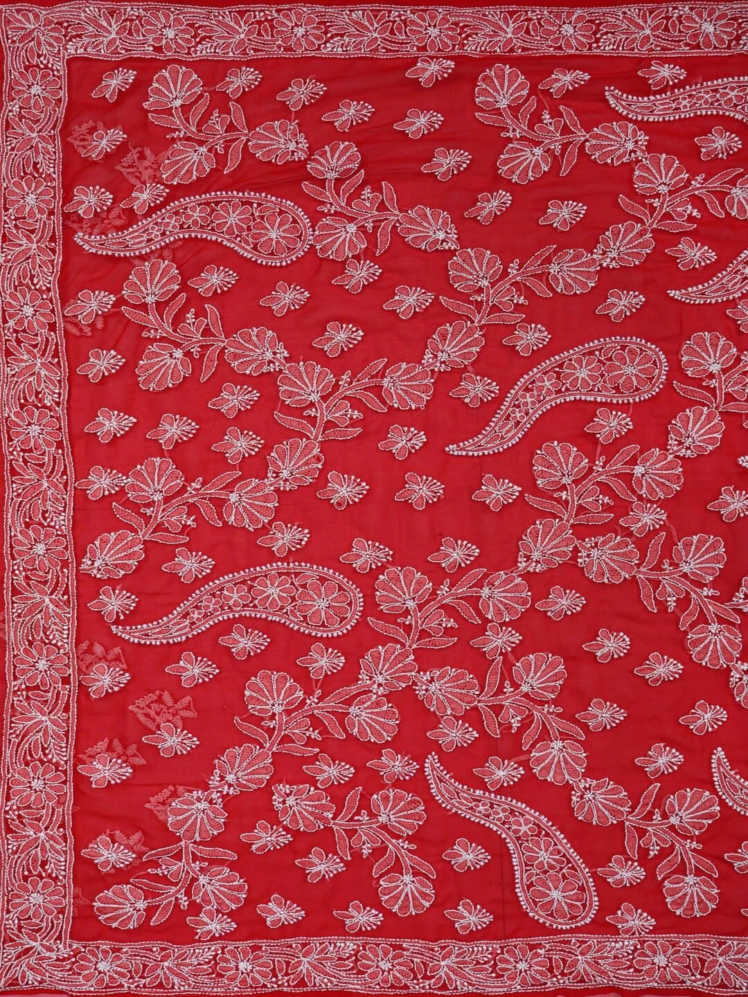 Ada Hand Embroidered Red Georgette Lucknowi Chikankari Saree With Blouse 01A67406