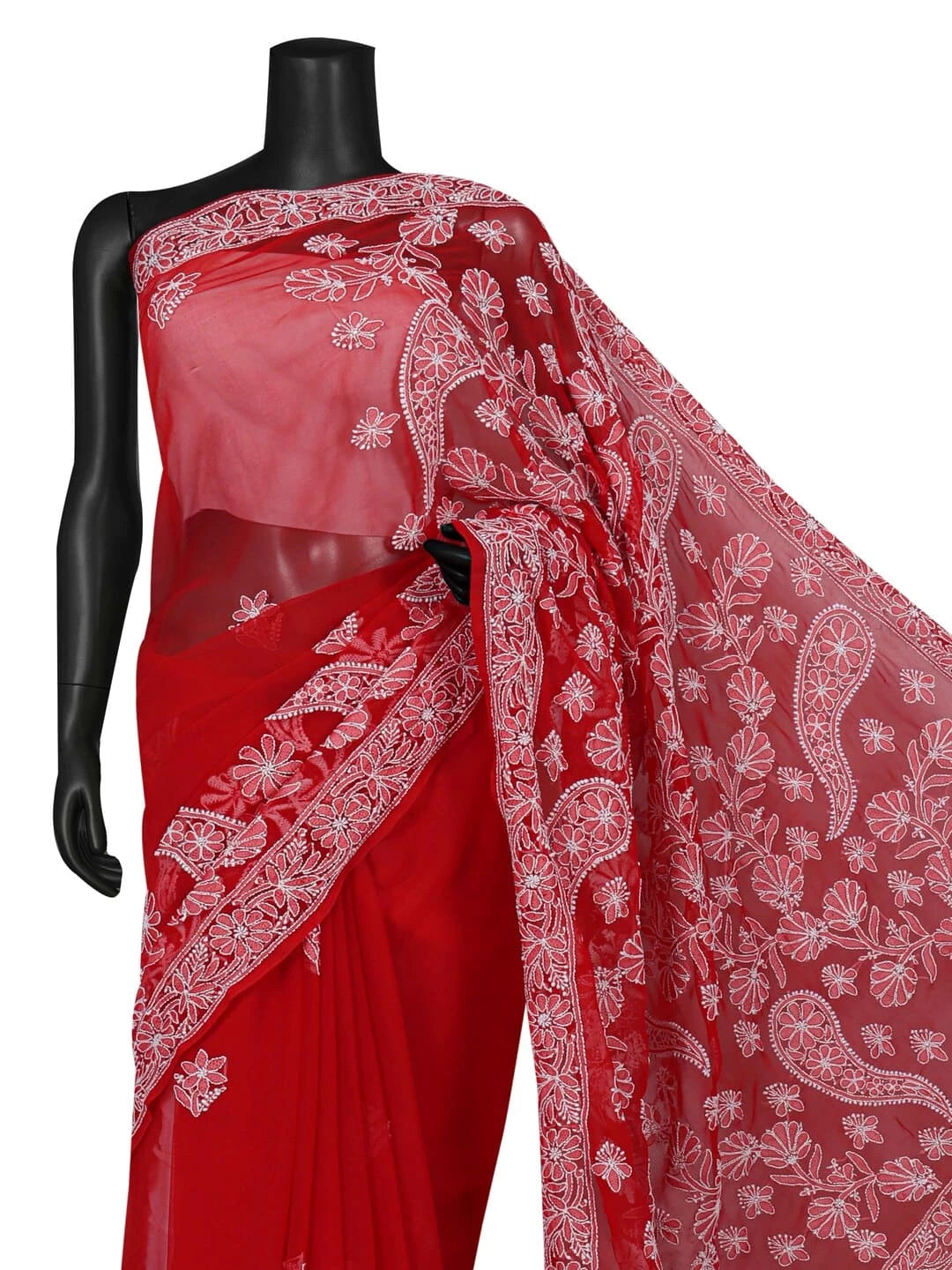 Ada Hand Embroidered Red Georgette Lucknowi Chikankari Saree With Blouse 01A67406