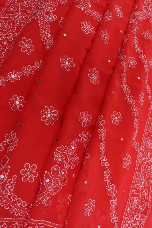 Ada Hand Embroidered Carrot Pink Georgette Lucknowi Chikankari Saree/Blouse With Mirror Work 01A25453