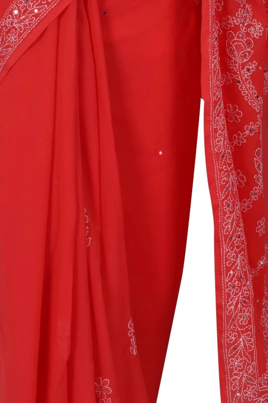 Ada Hand Embroidered Carrot Pink Georgette Lucknowi Chikankari Saree/Blouse With Mirror Work 01A25453