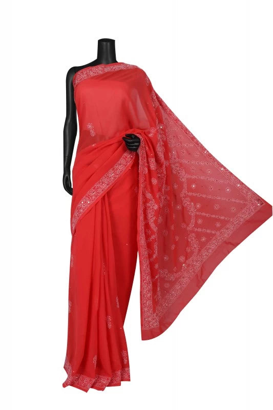 Ada Hand Embroidered Carrot Pink Georgette Lucknowi Chikankari Saree/Blouse With Mirror Work 01A25453