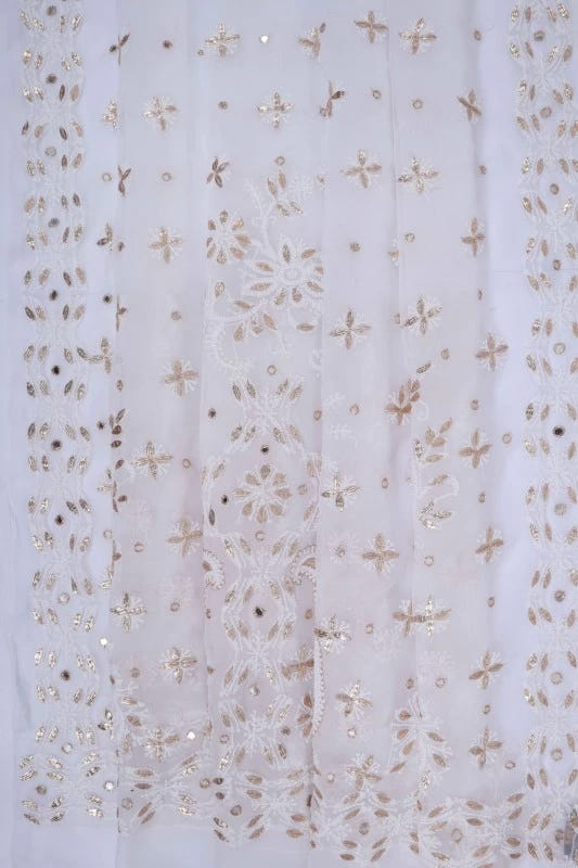 Ada Hand Embroidered White Georgette Lucknowi Chikankari Saree/Blouse With Gota Patti Work 01A130152