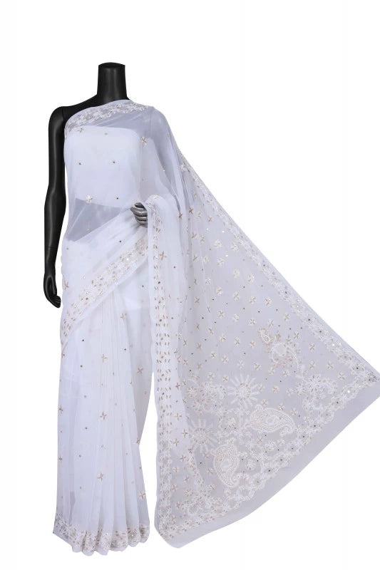Ada Hand Embroidered White Georgette Lucknowi Chikankari Saree/Blouse With Gota Patti Work 01A130152