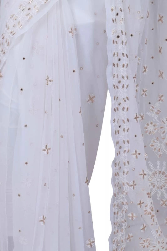 Ada Hand Embroidered White Georgette Lucknowi Chikankari Saree/Blouse With Gota Patti Work 01A130152