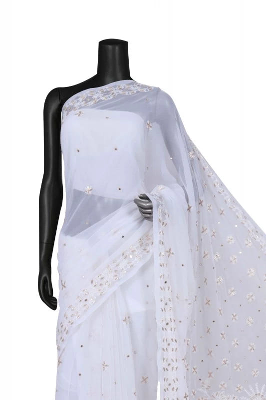 Ada Hand Embroidered White Georgette Lucknowi Chikankari Saree/Blouse With Gota Patti Work 01A130152