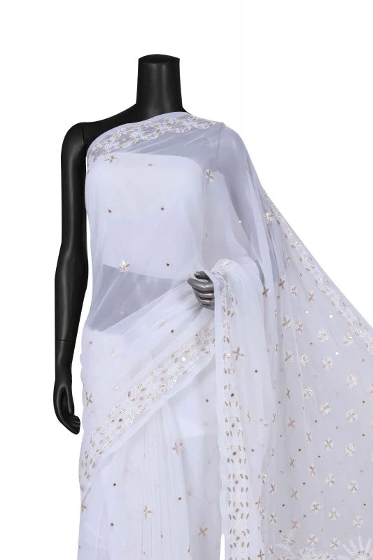 Ada Hand Embroidered White Georgette Lucknowi Chikankari Saree/Blouse With Gota Patti Work 01A130152