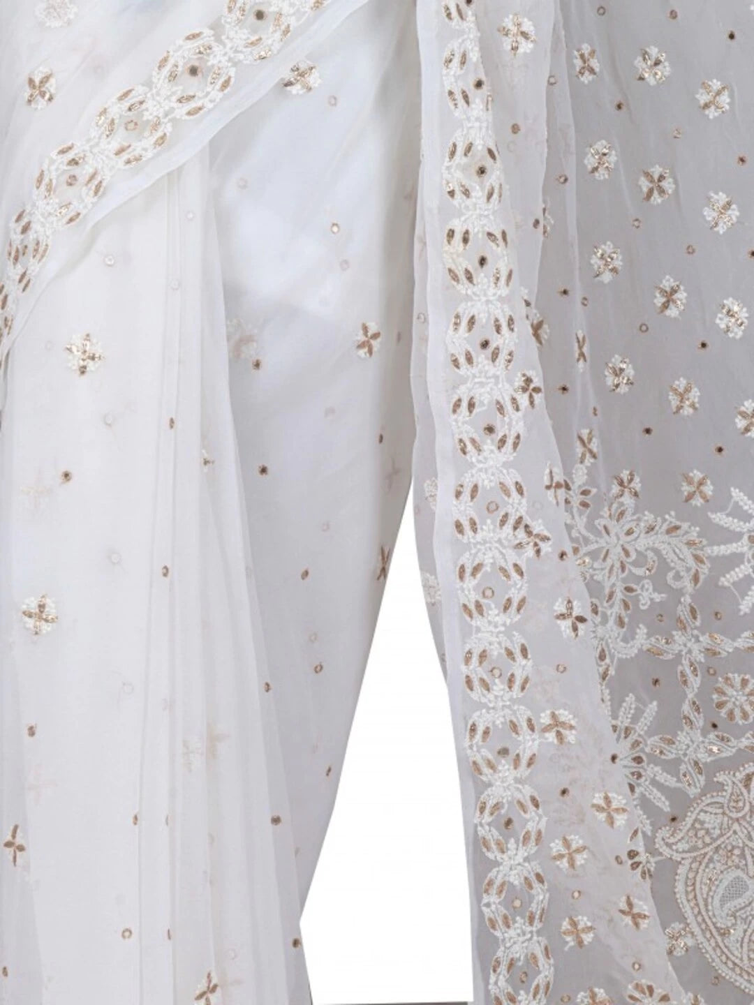 Ada Hand Embroidered White Georgette Lucknowi Chikankari Saree/Blouse With Gota Patti Work 01A132289