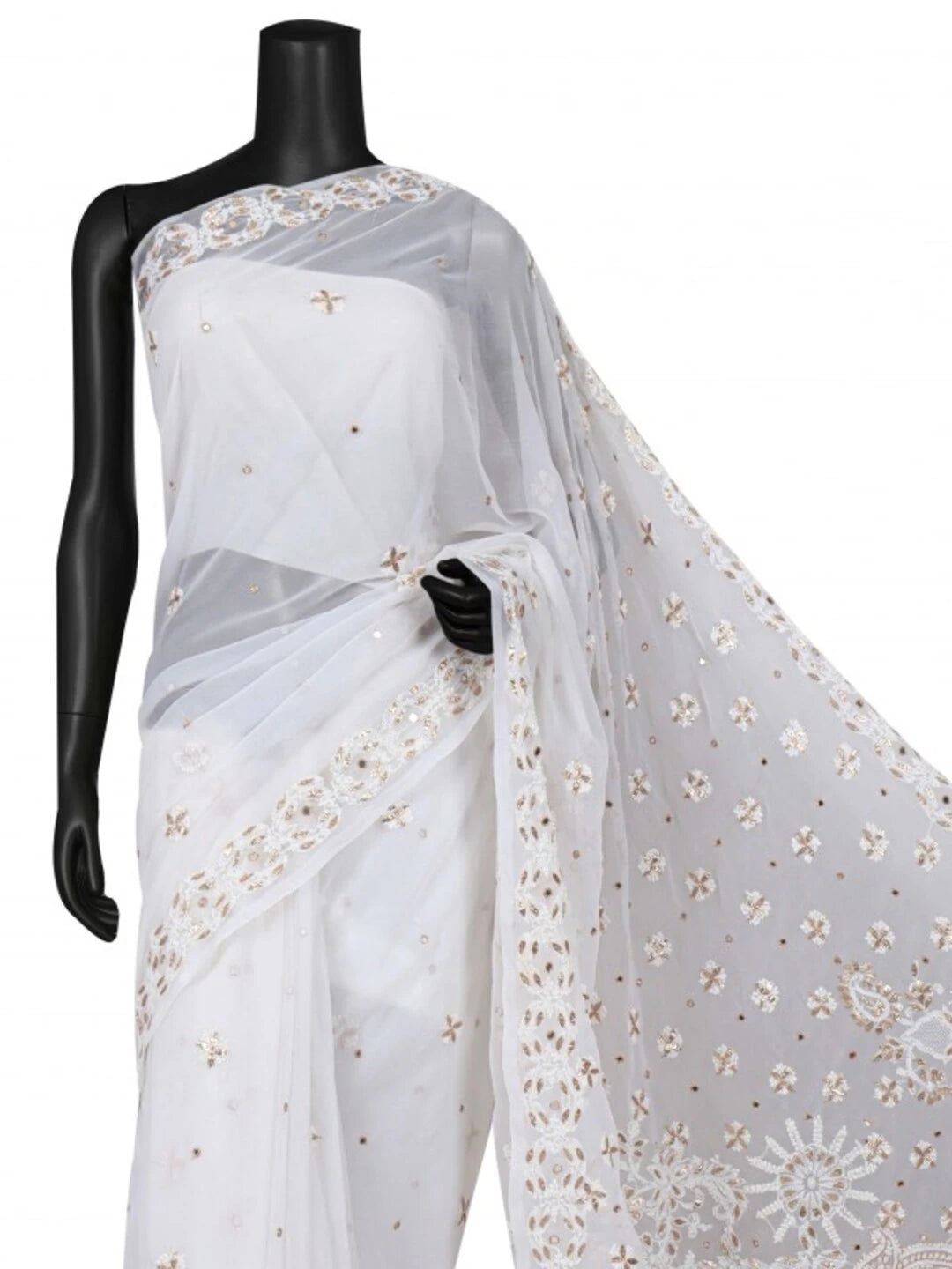 Ada Hand Embroidered White Georgette Lucknowi Chikankari Saree/Blouse With Gota Patti Work 01A132289