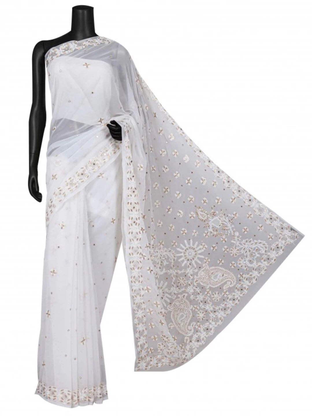 Ada Hand Embroidered White Georgette Lucknowi Chikankari Saree/Blouse With Gota Patti Work 01A132289