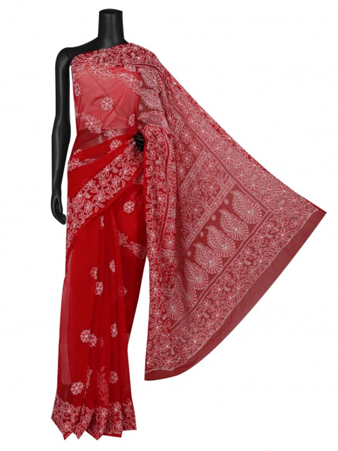 Ada Hand Embroidered Red Georgette Lucknowi Chikankari Saree With Blouse A610308