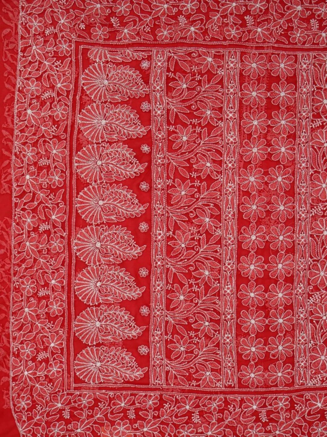 Ada Hand Embroidered Red Georgette Lucknowi Chikankari Saree With Blouse A610308