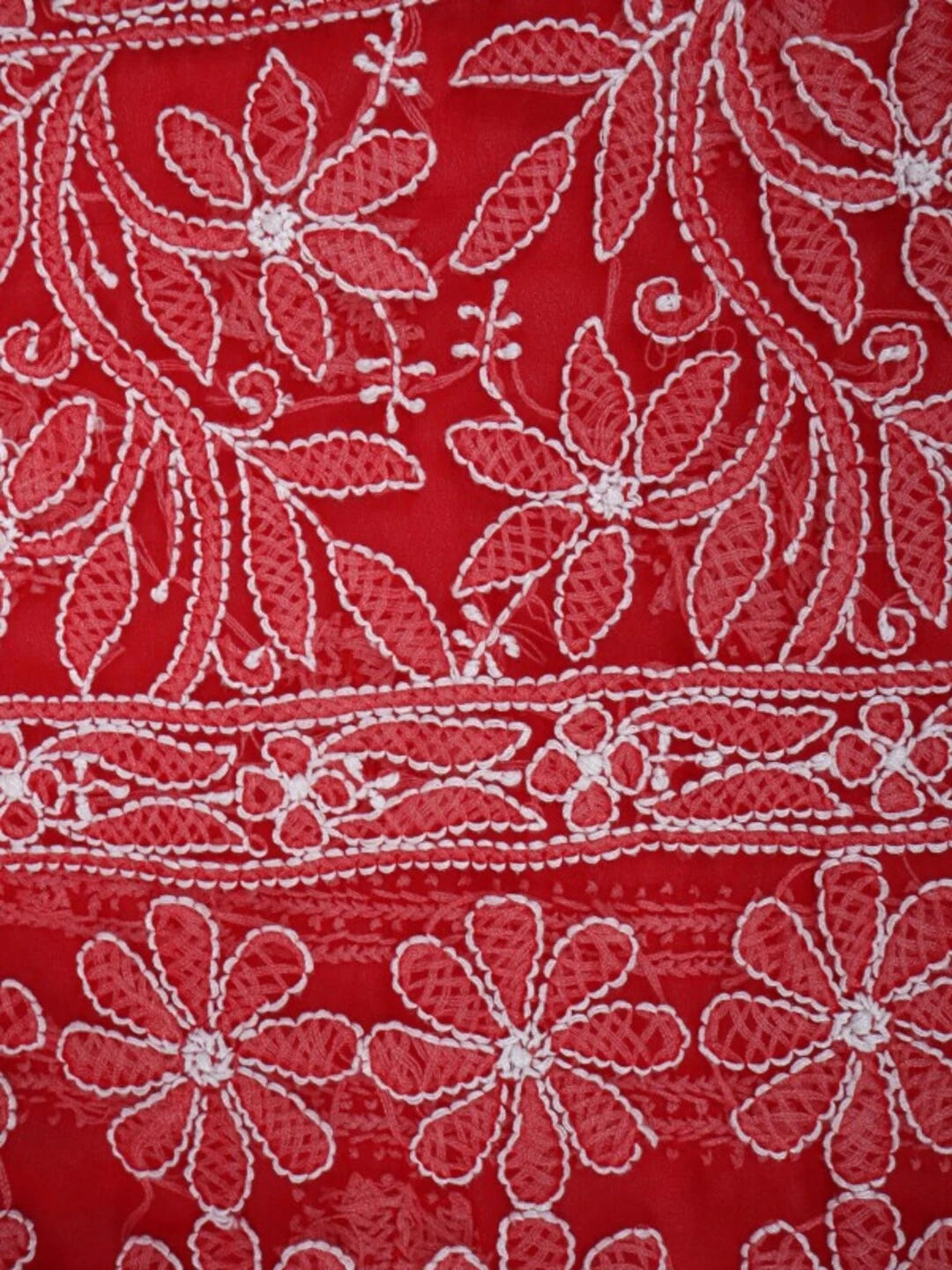 Ada Hand Embroidered Red Georgette Lucknowi Chikankari Saree With Blouse A610308