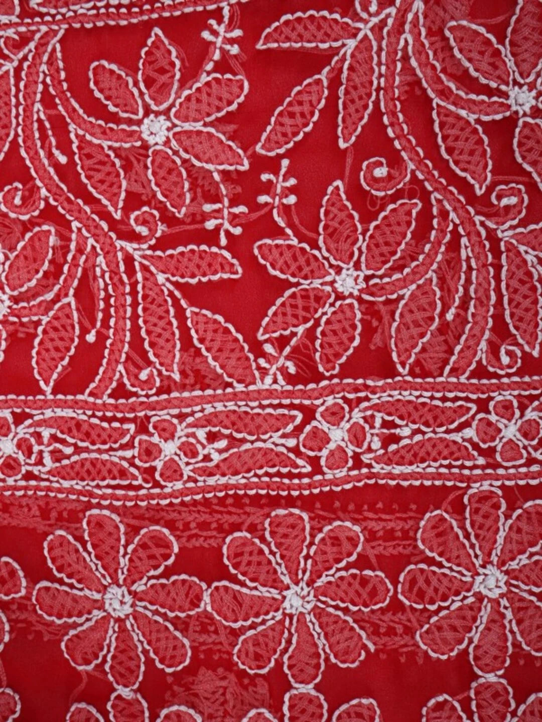 Ada Hand Embroidered Red Georgette Lucknowi Chikankari Saree With Blouse A610308