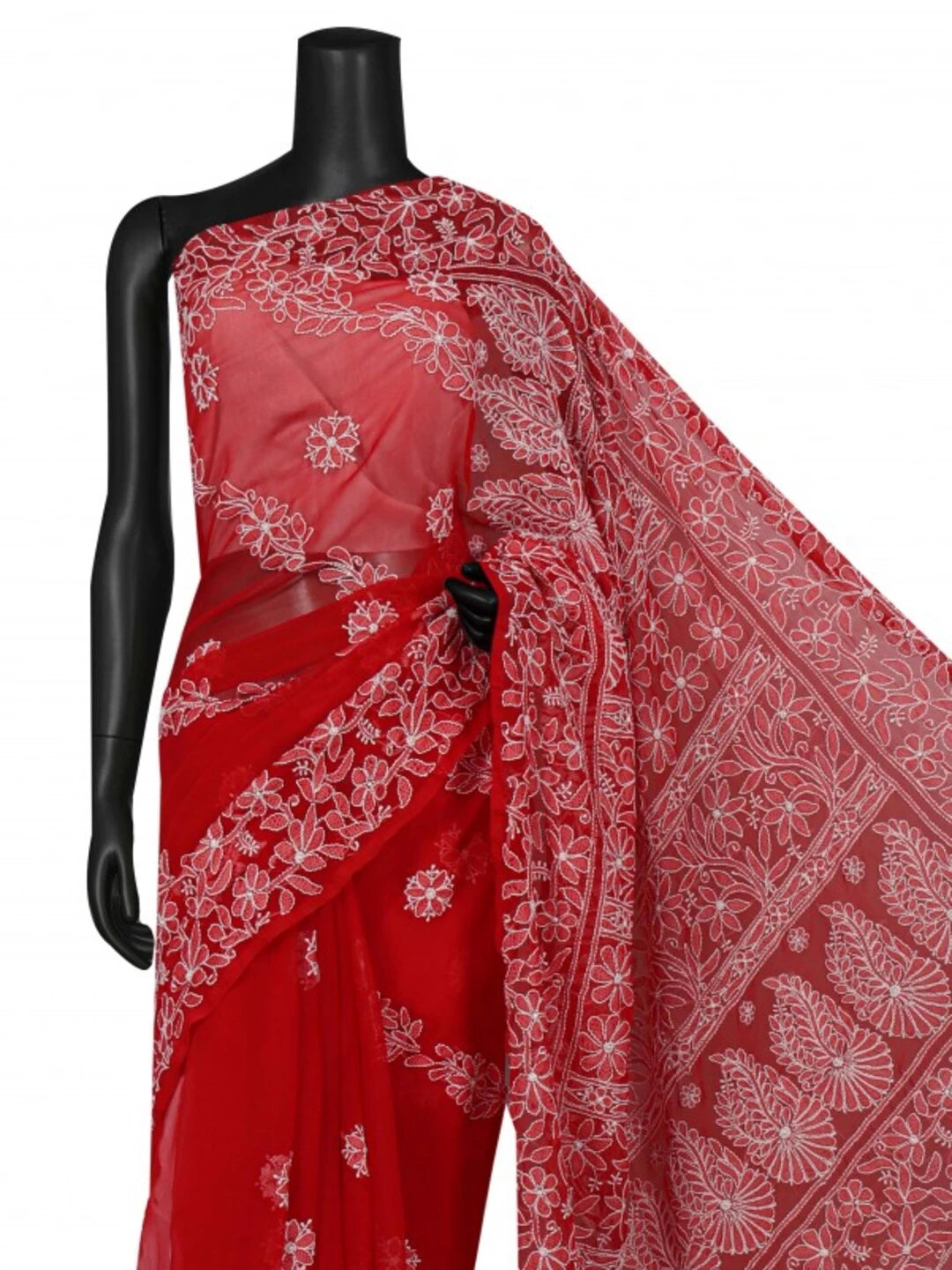 Ada Hand Embroidered Red Georgette Lucknowi Chikankari Saree With Blouse A610308