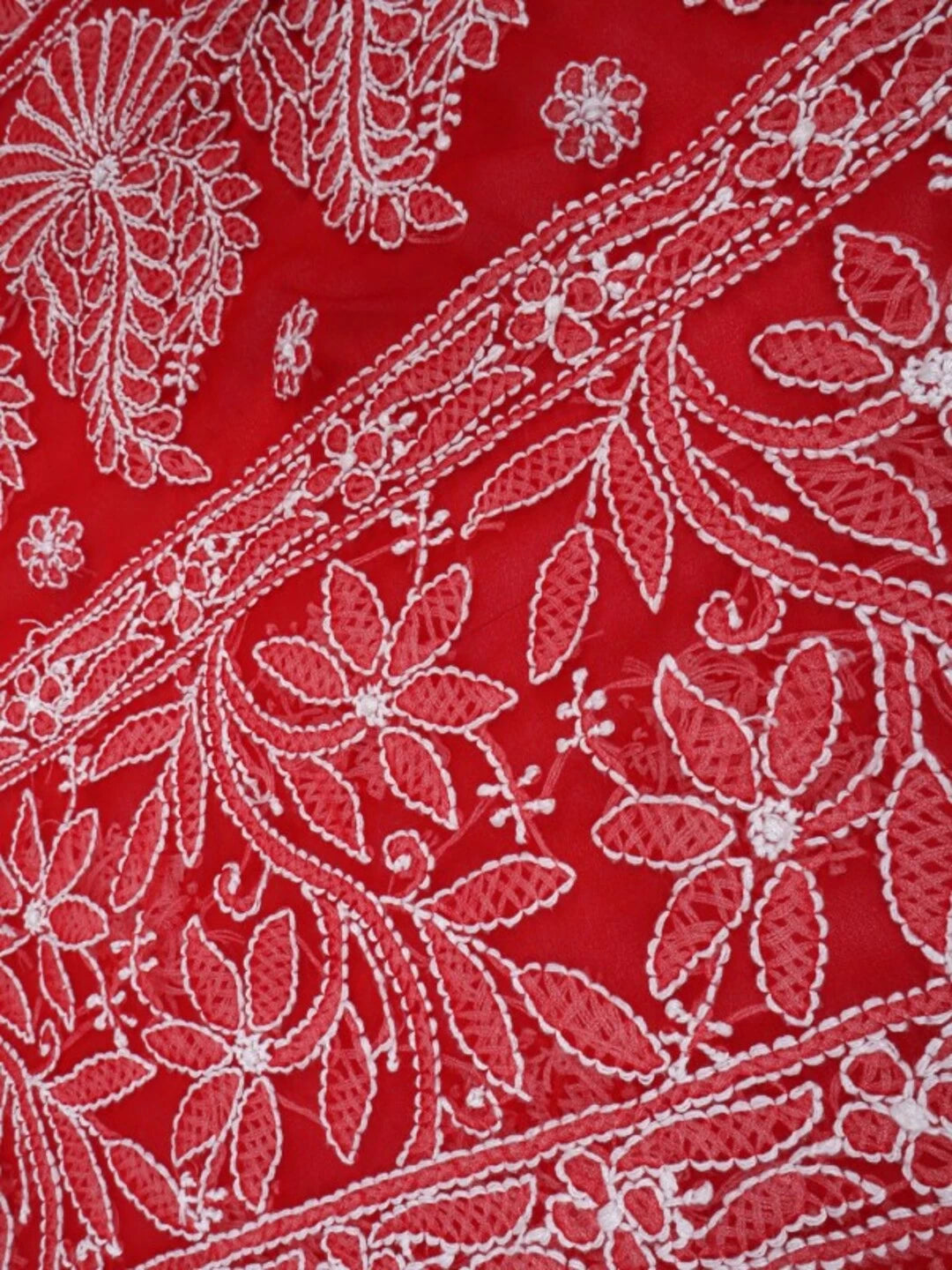 Ada Hand Embroidered Red Georgette Lucknowi Chikankari Saree With Blouse A610308