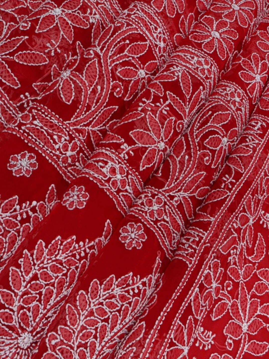 Ada Hand Embroidered Red Georgette Lucknowi Chikankari Saree With Blouse A610308