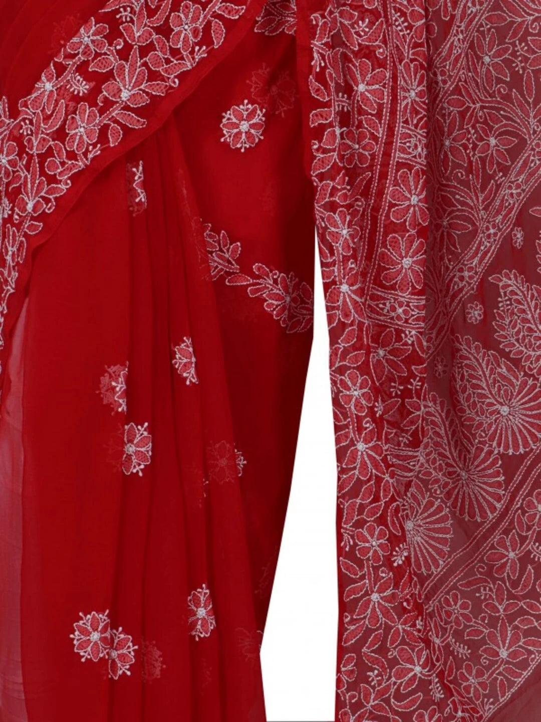 Ada Hand Embroidered Red Georgette Lucknowi Chikankari Saree With Blouse A610308