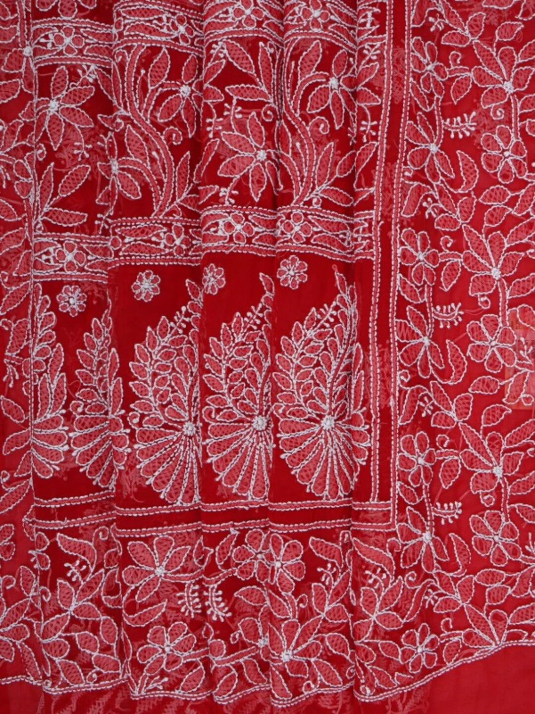Ada Hand Embroidered Red Georgette Lucknowi Chikankari Saree With Blouse A610308