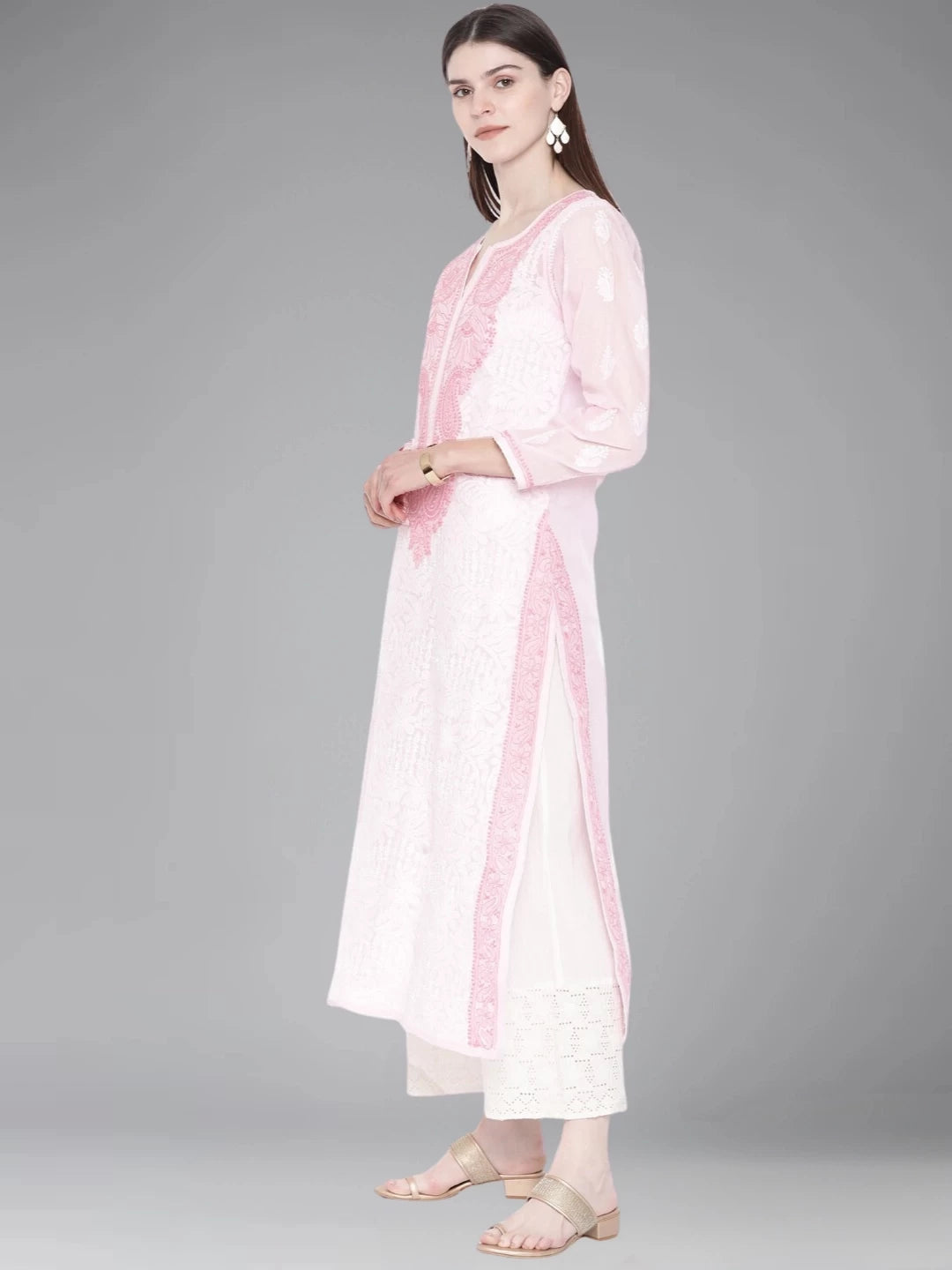 Ada Hand Embroidered Pink Cotton Lucknowi Chikankari Straight Kurta A241890