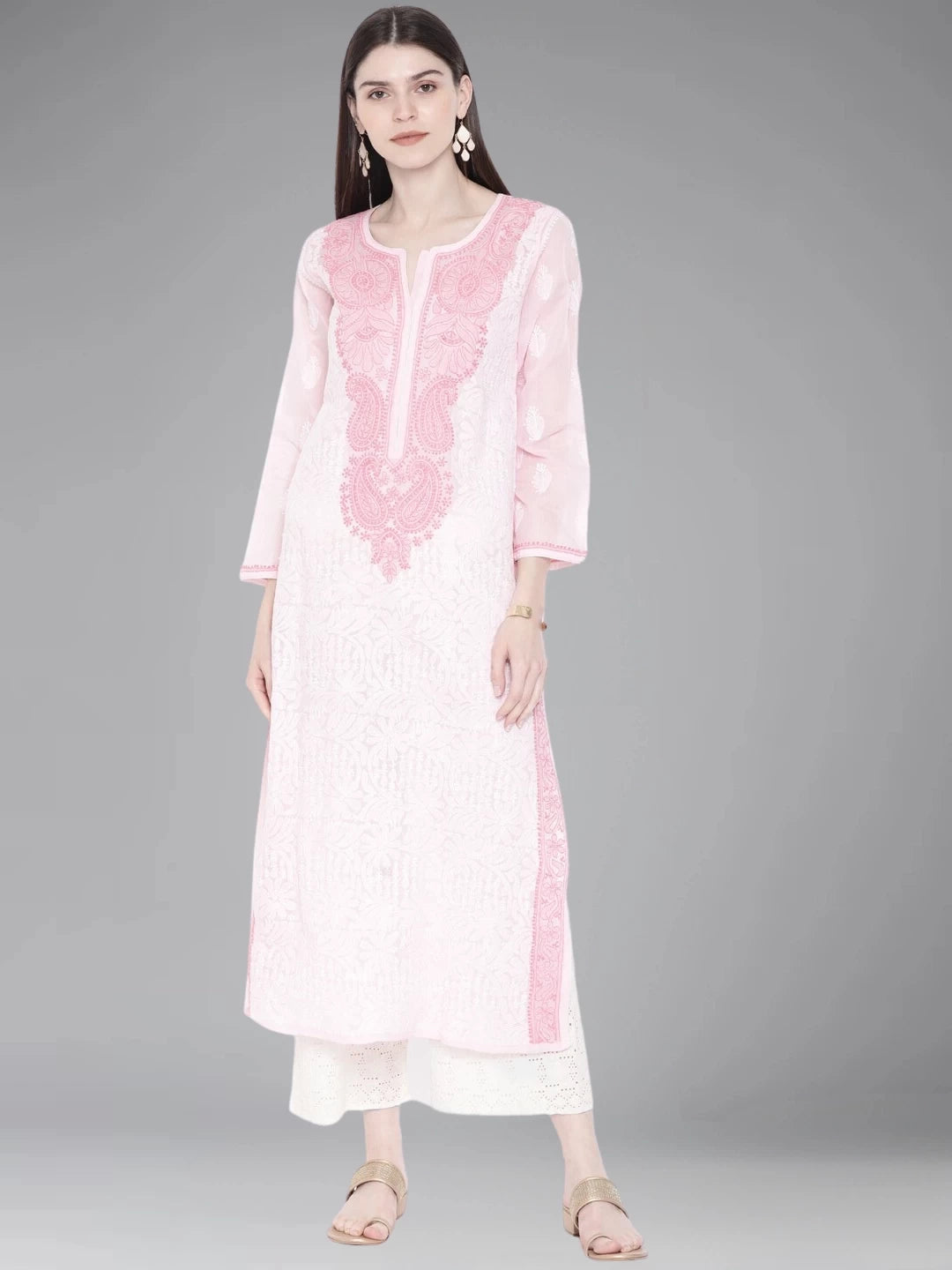 Ada Hand Embroidered Pink Cotton Lucknowi Chikankari Straight Kurta A241890