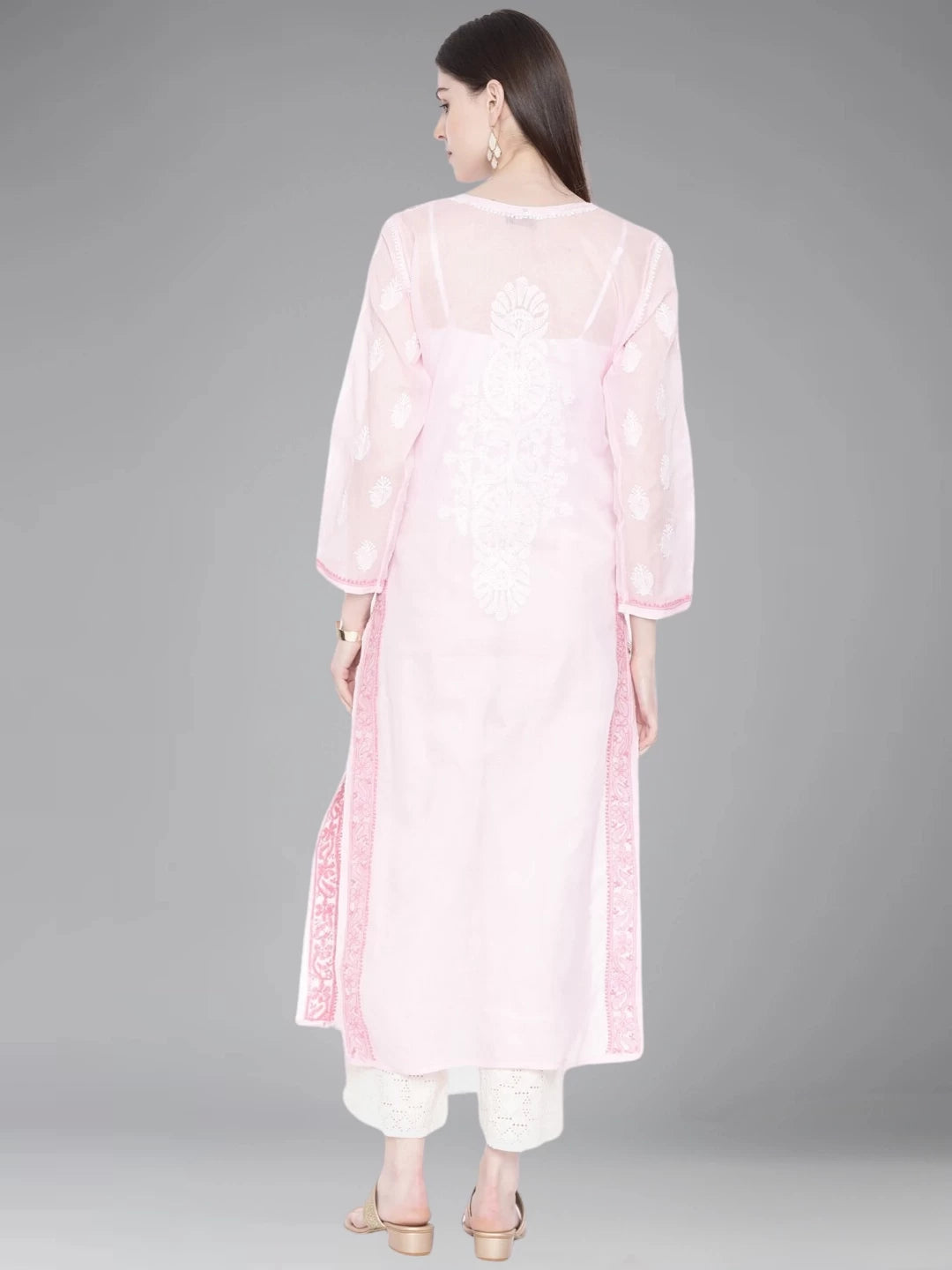 Ada Hand Embroidered Pink Cotton Lucknowi Chikankari Straight Kurta A241890