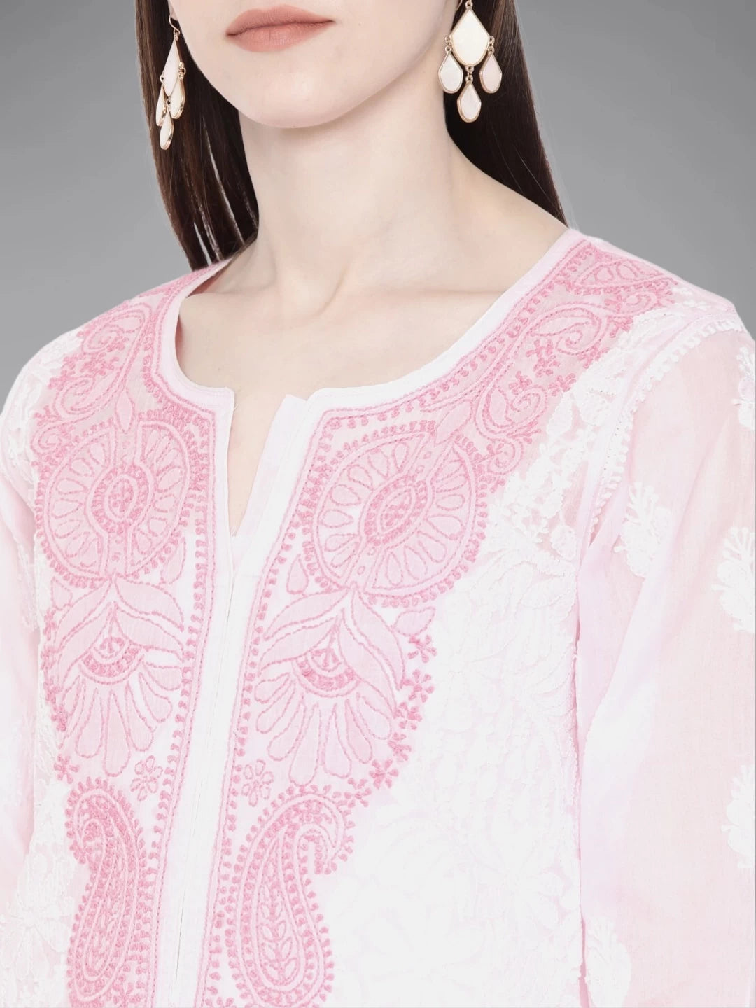 Ada Hand Embroidered Pink Cotton Lucknowi Chikankari Straight Kurta A241890