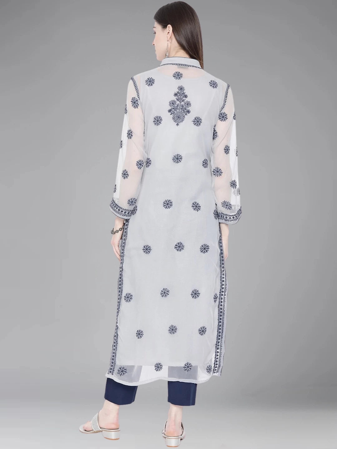 Ada Hand Embroidered Grey Georgette Lucknowi Chikankari Straight Kurta With Slip A224009