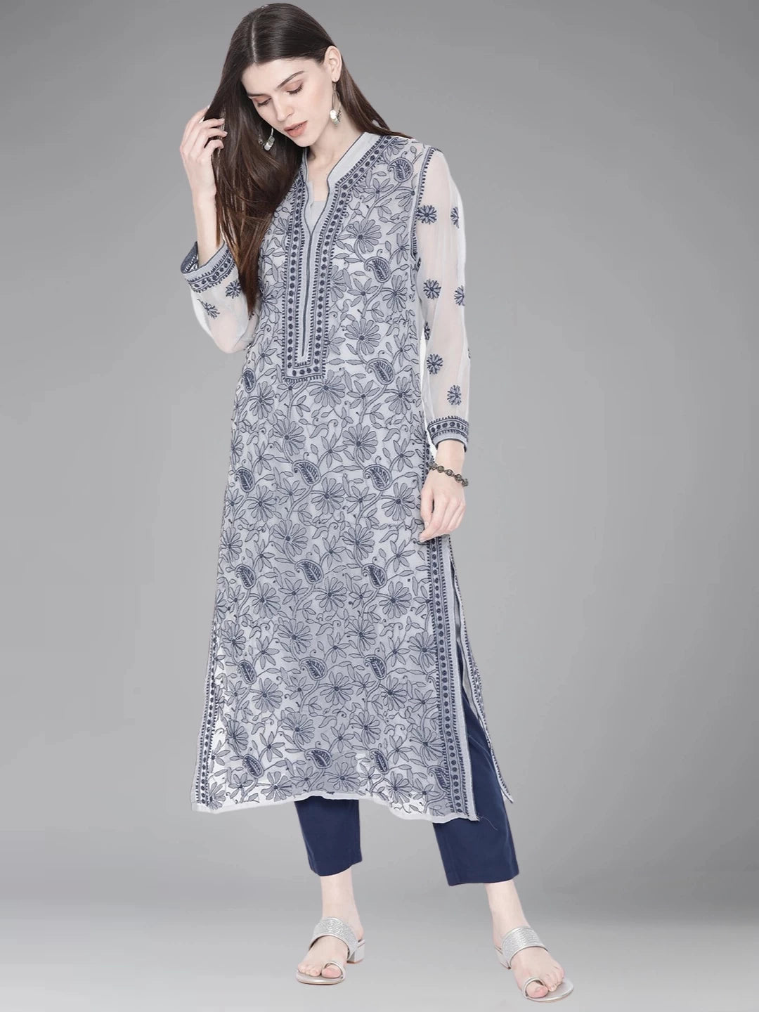 Ada Hand Embroidered Grey Georgette Lucknowi Chikankari Straight Kurta With Slip A224009