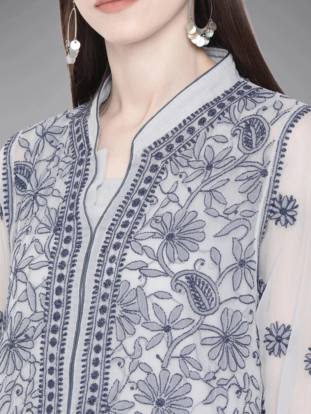Ada Hand Embroidered Grey Georgette Lucknowi Chikankari Straight Kurta With Slip A224009