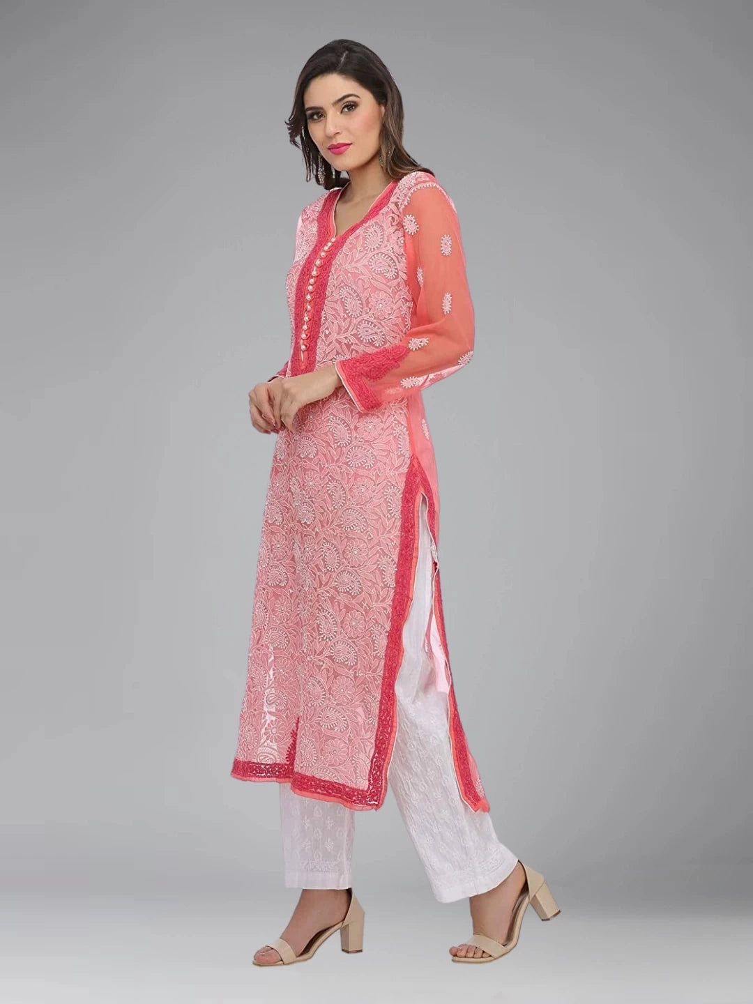 Ada Hand Embroidered Carrot Pink Georgette Lucknowi Chikankari Straight Kurta with Slip A223997